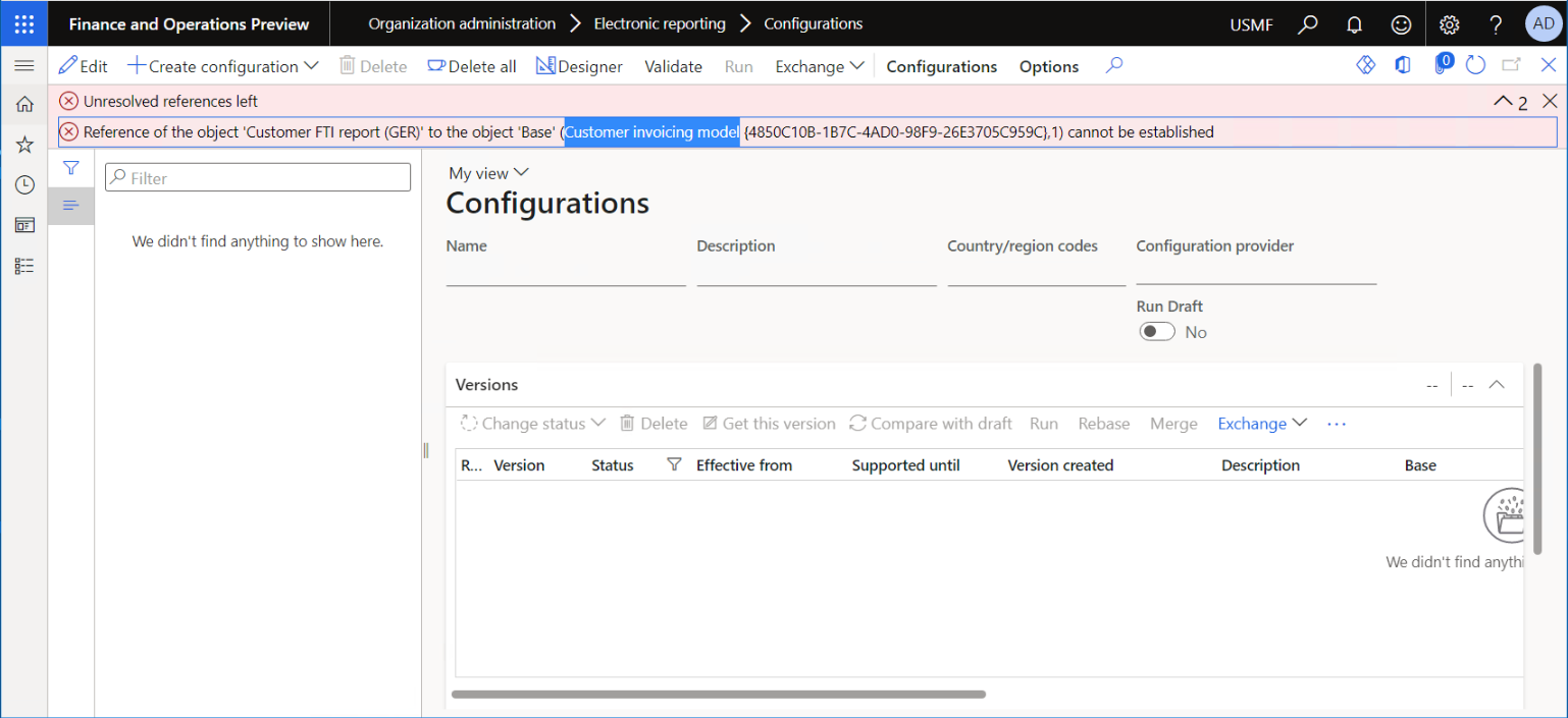 Exception on the Configuration repository page when the base configuration can't be found.