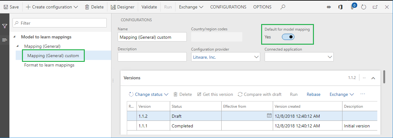ER configurations page, Default for model mapping slider set to Yes.