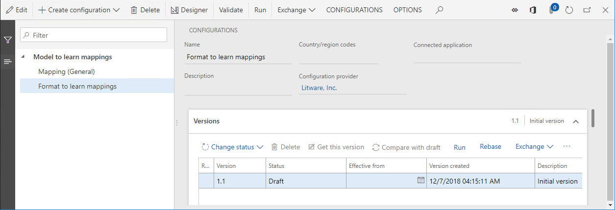 ER configurations page, Format to learn mappings configuration.