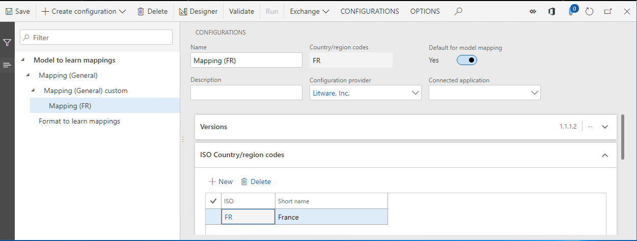 ER configurations page, Mapping (FR) configuration, Default for model mapping slider set to Yes.
