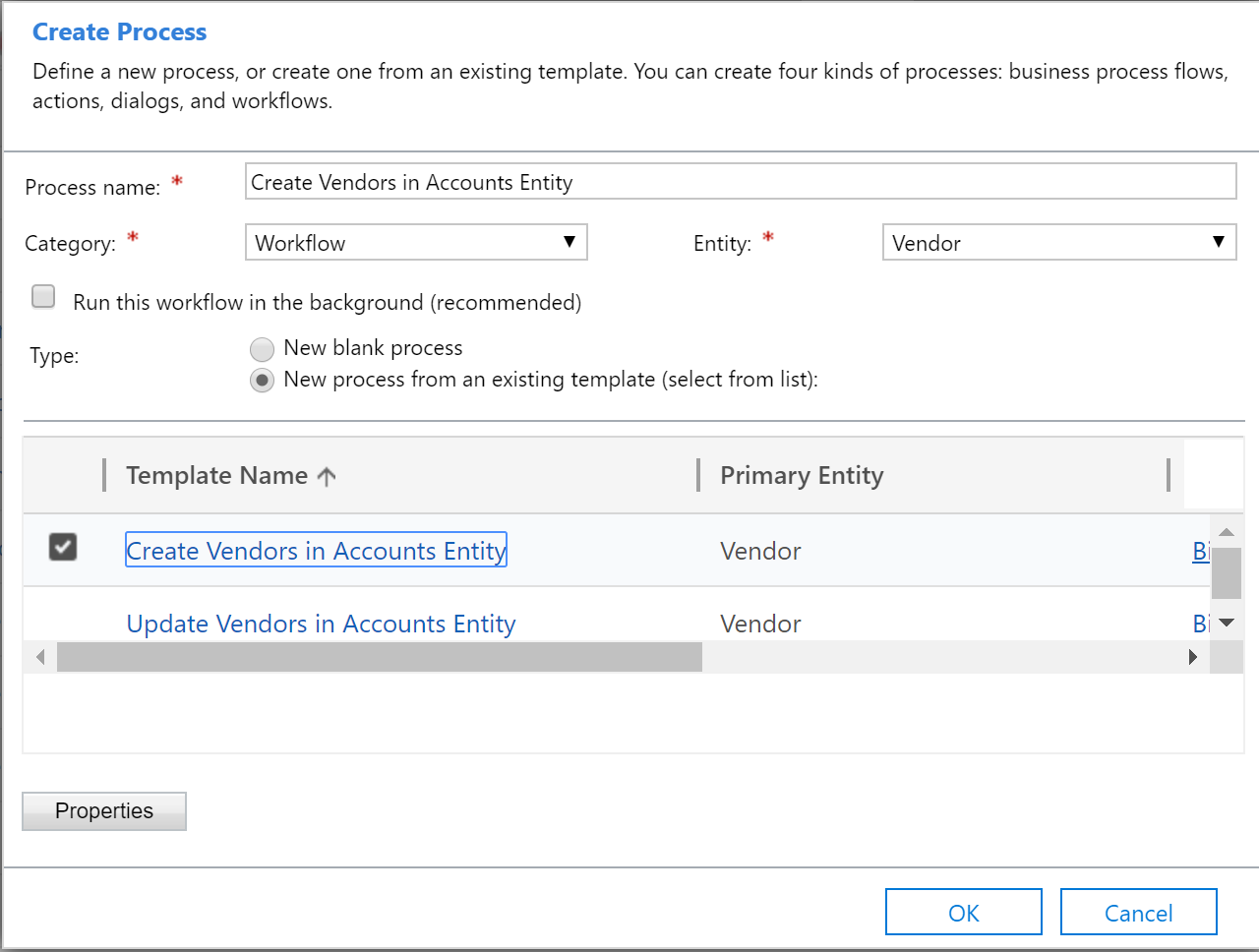 Create Vendors in Accounts Table workflow process.
