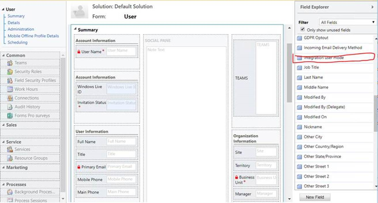 Adding the Integration user mode column to the form