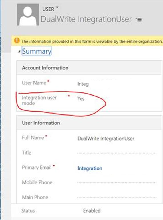 Changing the value of the Integration user mode column