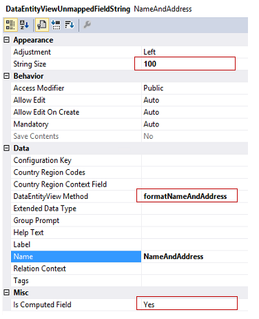 Updating the properties of the NameAndAddress unmapped field.