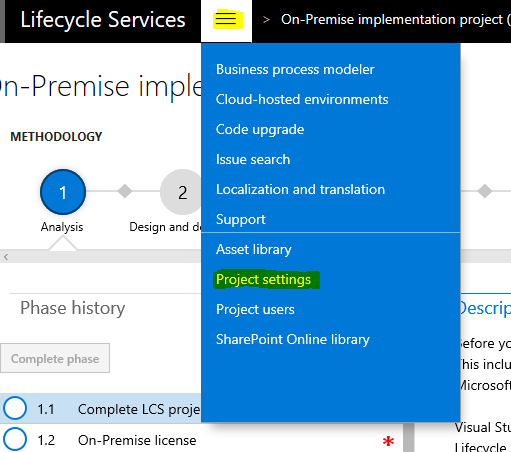 Project settings command