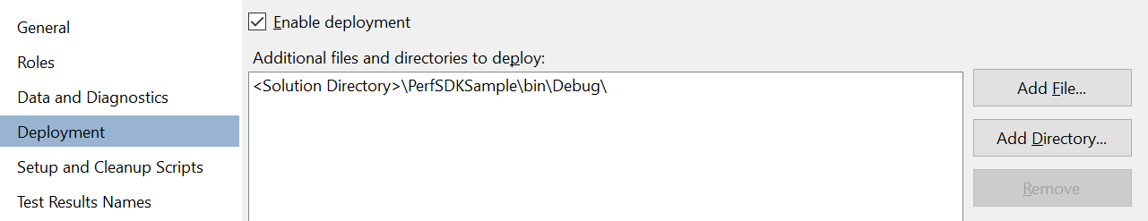 Deployment tab of the Test Settings dialog box.
