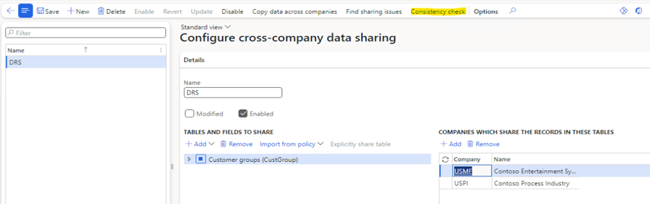 A screenshot of the Configure cross company data sharing page.