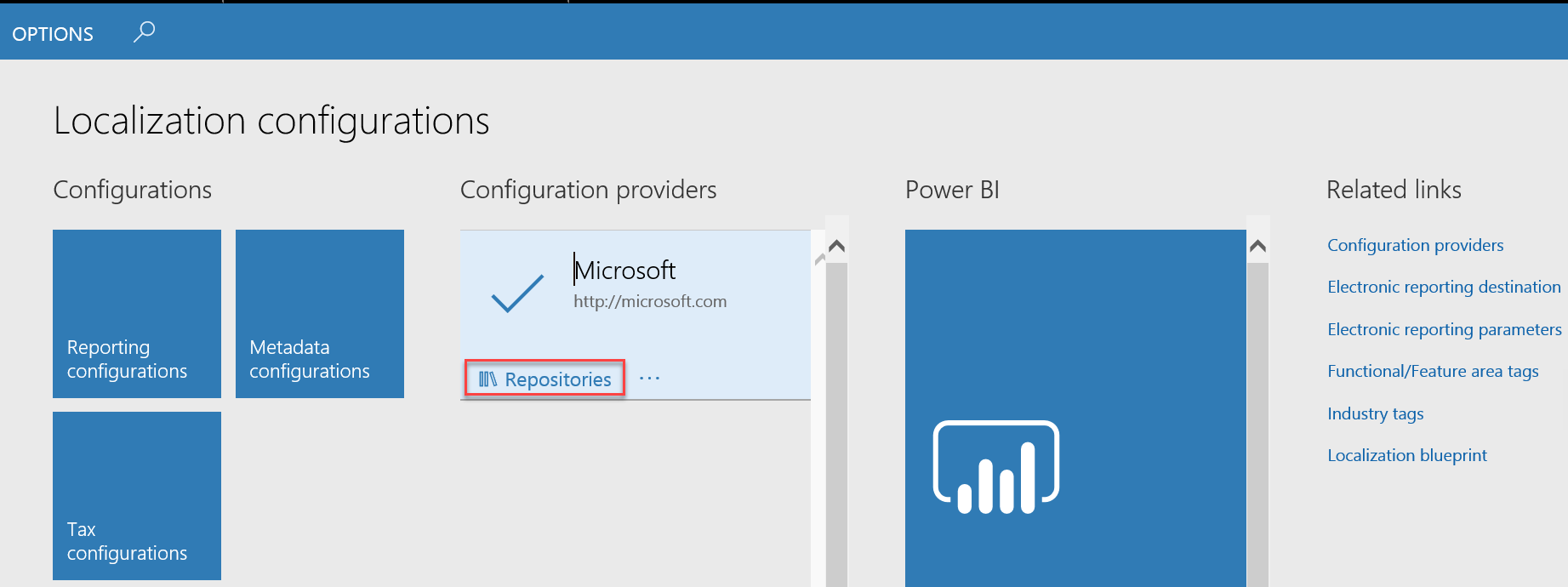 Configuration providers tile with Repositories link highlighted.