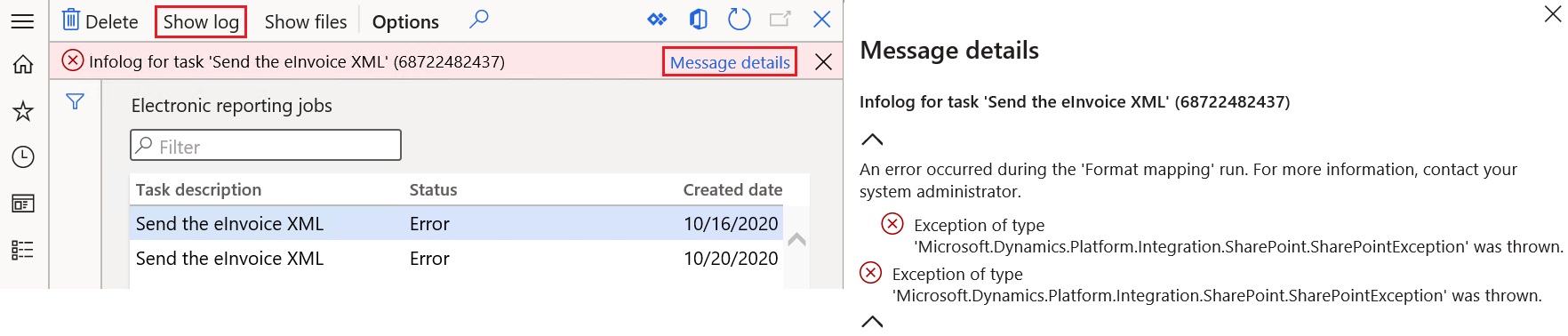 Viewing the message details for an error.