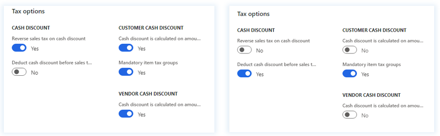 Cash discount options on the Tax jurisdiction parameters tab of the Tax calculation page.