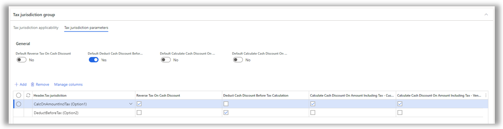 Tax jurisdiction parameters tab on the Tax calculation page.