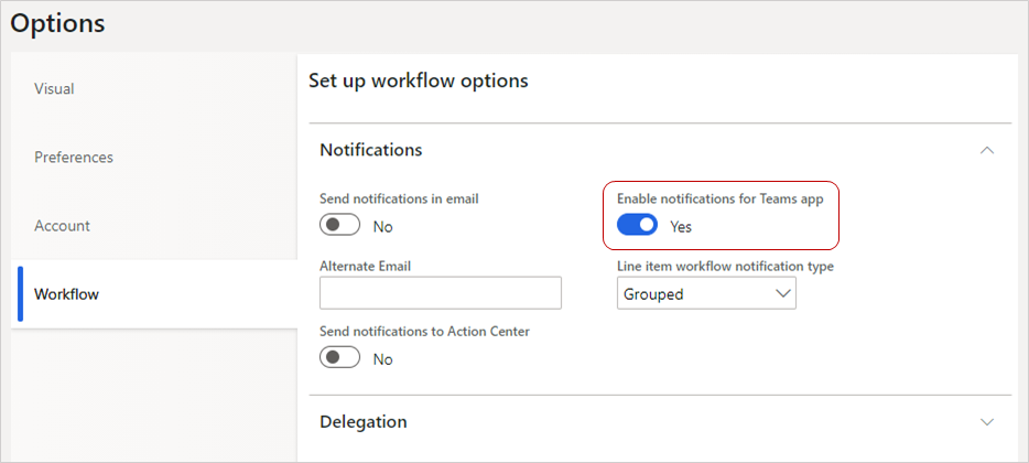 Enable Teams app notifications in User options Workflow tab.