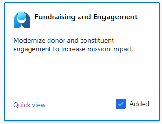 Screenshot showing the Fundraising and Engagement tile in Microsoft Cloud Solution Center.