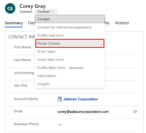 Switch to the 'Portal contact' form view