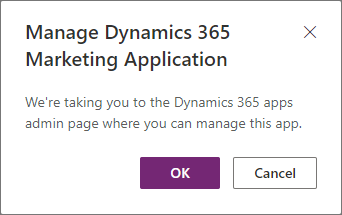 Dynamics 365 Marketing admin page prompt.