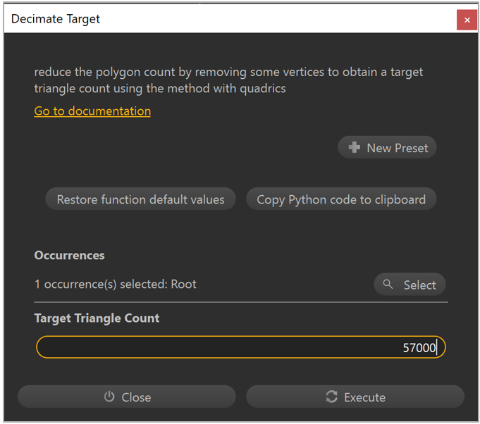 Decimate Target dialog box showing Target Triangle Count field.