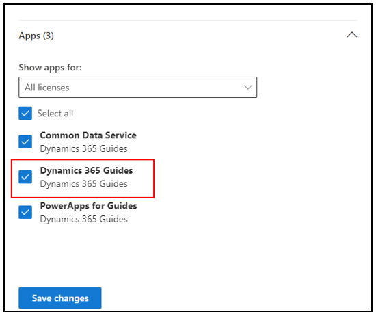 Dynamics 365 Guides license selected.