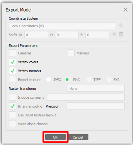 Export Model settings.
