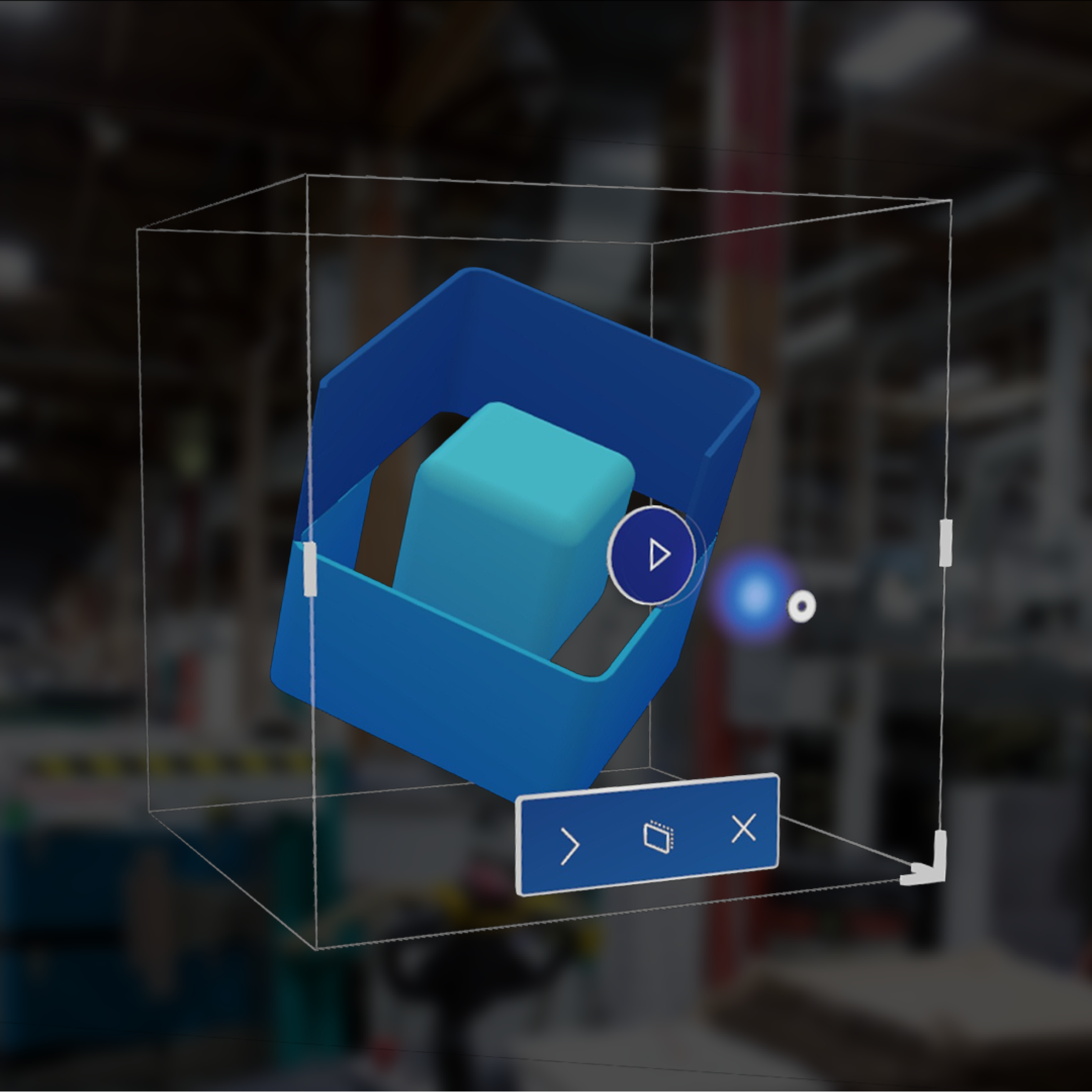 Screenshot of the HoloLens field of view, showing the live cube or 3D app launcher.
