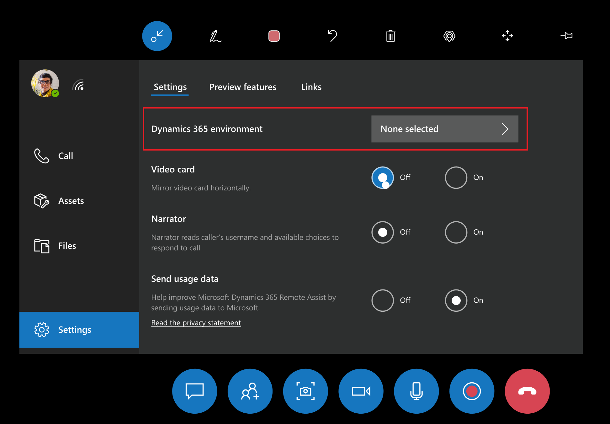 Remote Assist settings in the HoloLens.
