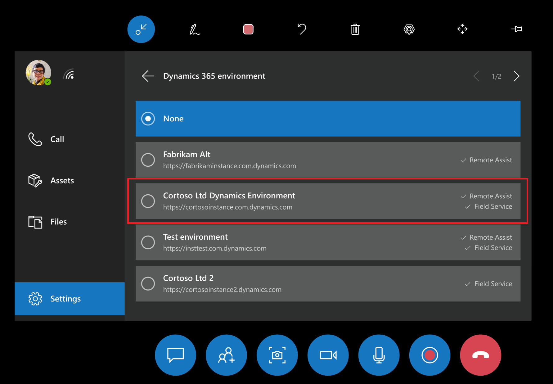 List of environments in Remote Assist settings menu on the HoloLens.