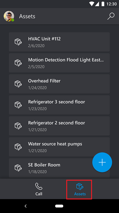 Screenshot of the Assets tab in Dynamics 365 Remote Assist Mobile.
