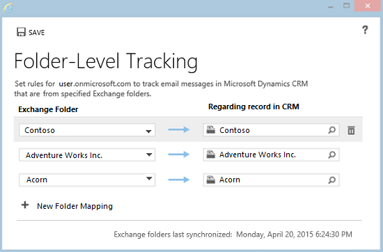 Folder Tracking Rules dialog box in Dynamics 365 apps.