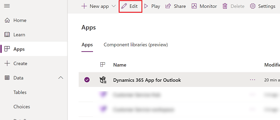 Select Dynamics 365 App for Outlook and then select edit.