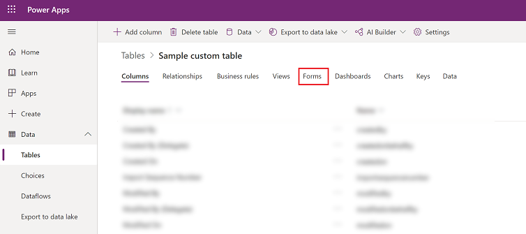 Select the forms tab for the table.