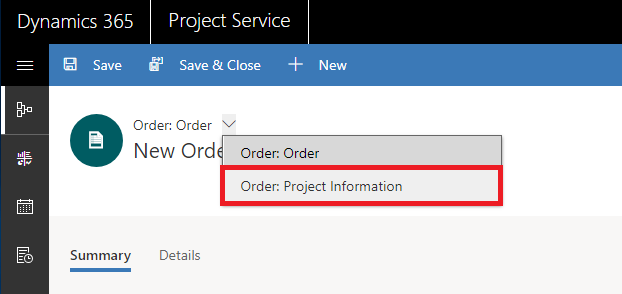 Project information for a new order.