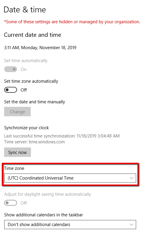 Time zone settings in personalization settings.
