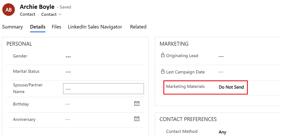 Marketing Materials option on the Contacts page, Details tab.