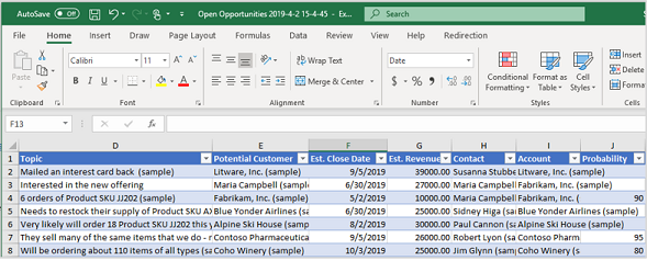 Excel template with data.