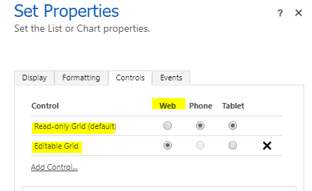 Properties settings for grid control.