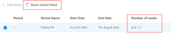 A screenshot of advanced forecast scheduling options, with an extra week added to the first month in the forecast period.