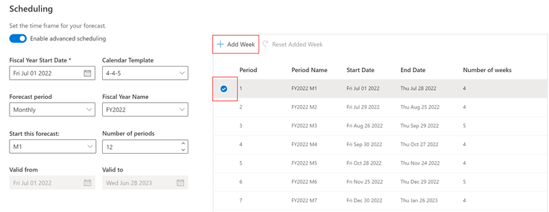 A screenshot of advanced forecast scheduling options, with the first month in the forecast period selected to receive an extra week.