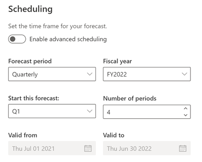 A screenshot of the General step of the Forecast configuration page, with the Scheduling options shown.