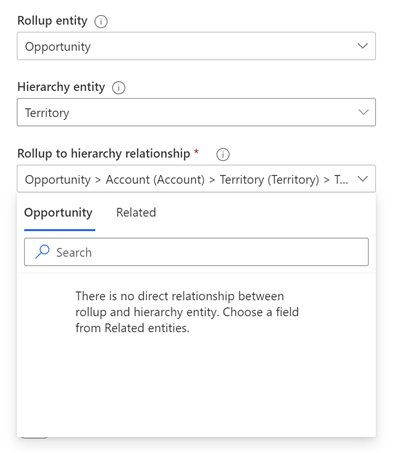 A screenshot of forecast configuration General settings, showing that there's no direct relationship between the selected rollup and hierarchy entities.