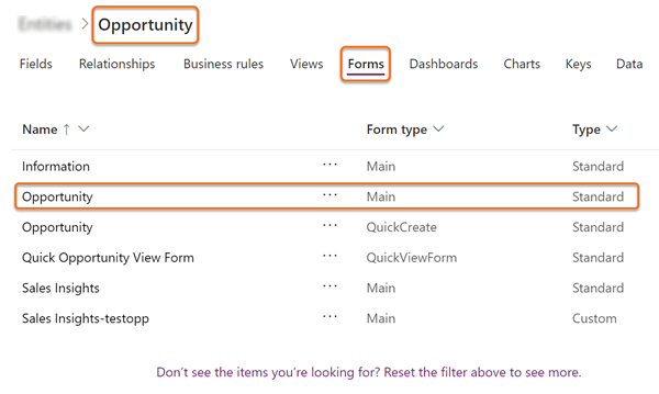 Screenshot of selecting the Opportunity main form on the Forms tab of the Opportunity table.