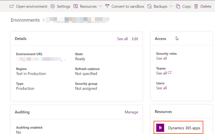 Select Dynamics 365 apps resource.
