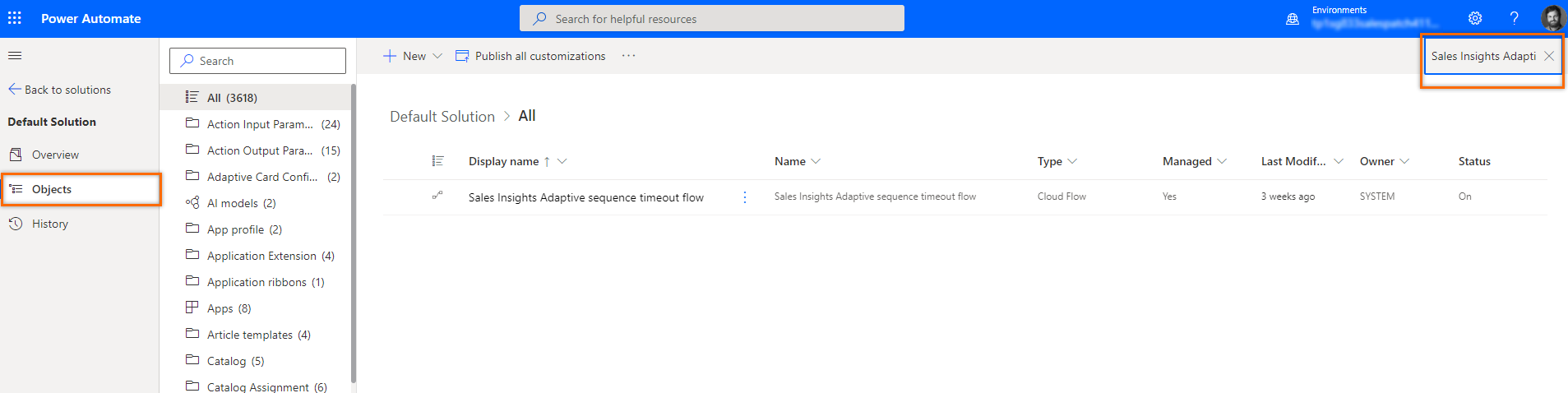 Search and select Sales Insights Adaptive sequence timeout flow