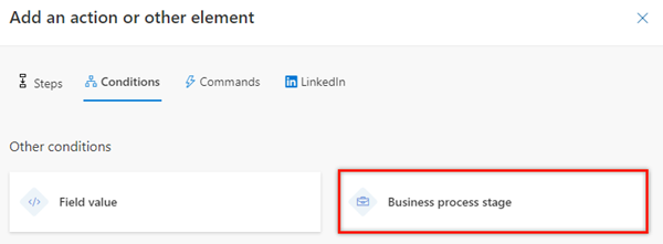 Conditions tab in the activity selection step for business process stages
