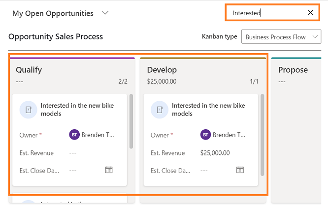 Use the Search box to filter records in the Kanban view.