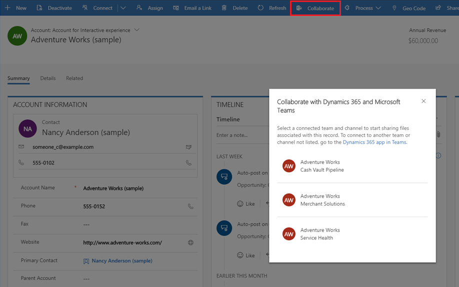 From Dynamics 365 apps, open a conversation in Microsoft Teams.