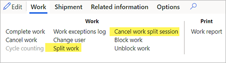 Split work and Cancel work split session buttons.