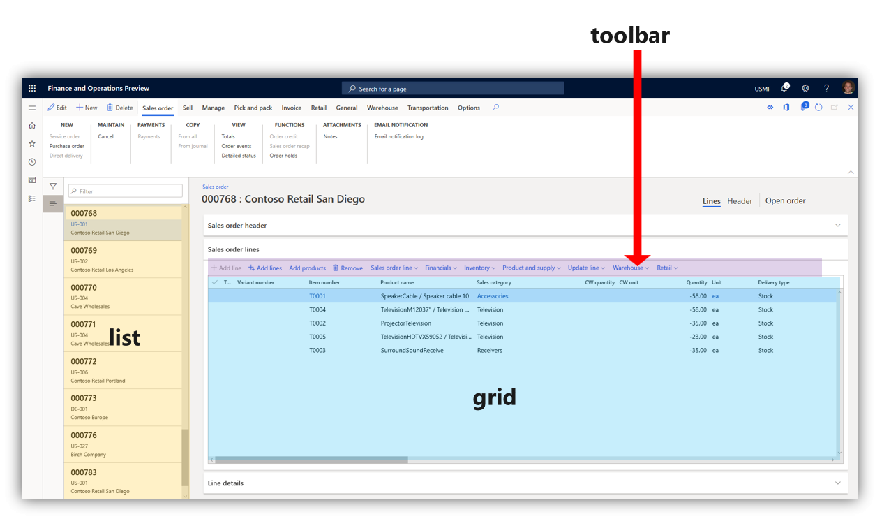 The following image shows examples of toolbars, grids, and lists.