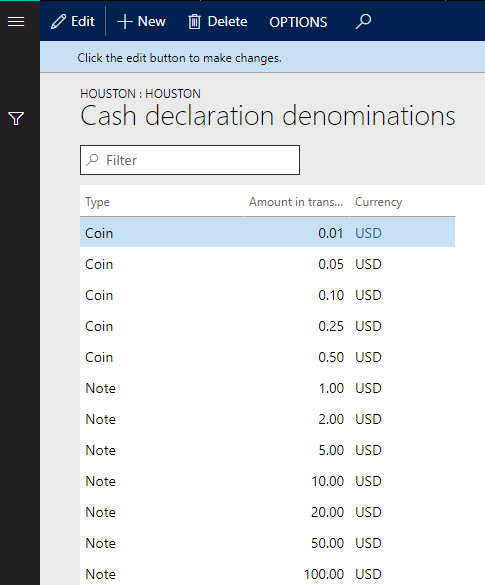 Cash declaration denominations page.