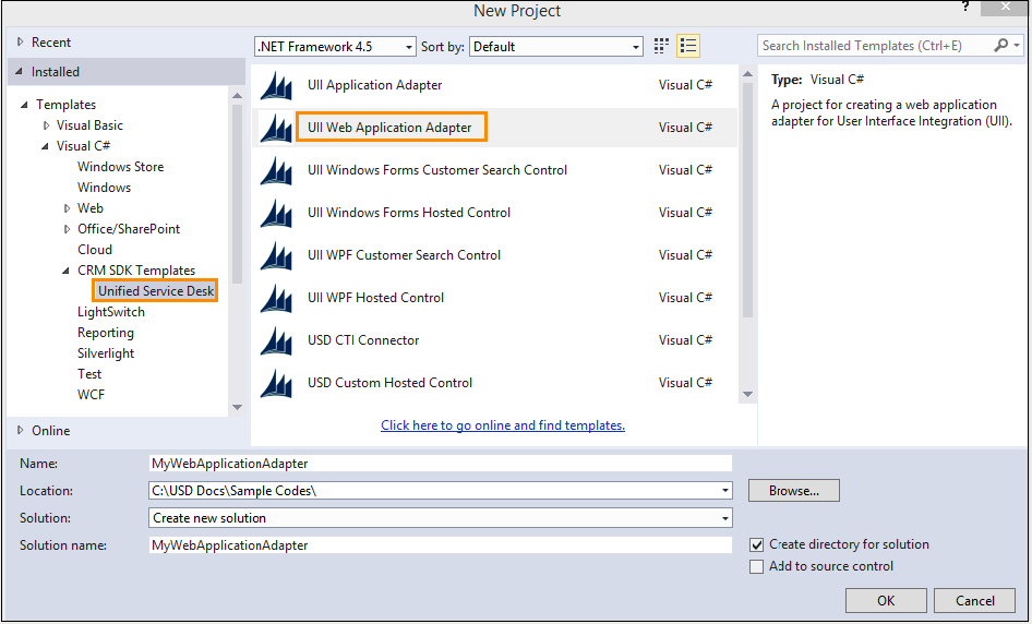 Screenshot of Web Adapter in Visual Studio.