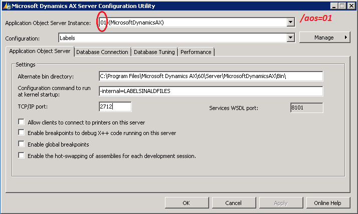 Server config displays the AOS instance number