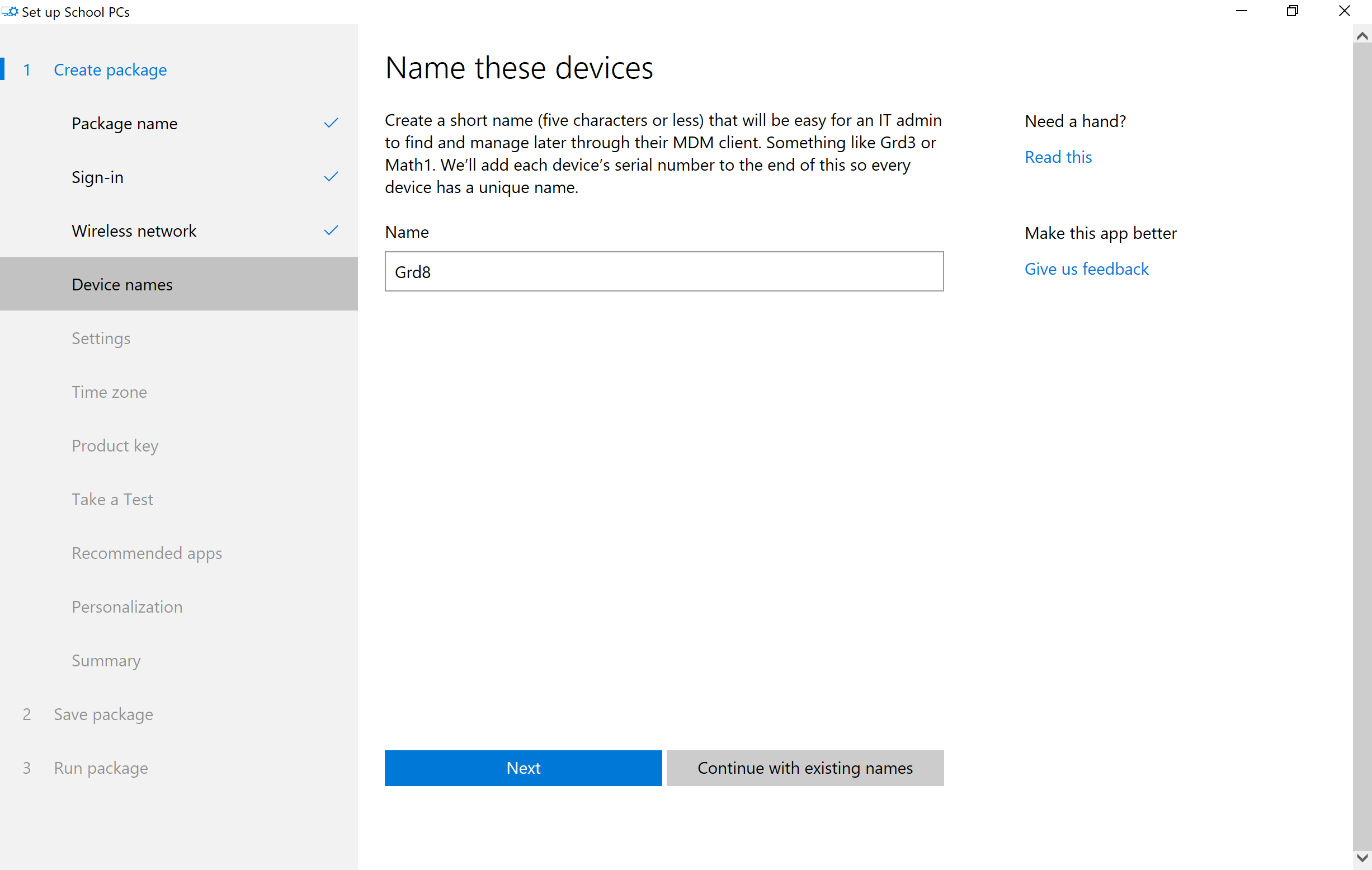 "Name these devices" screen with the device field filled in with example device name, "Grd8."